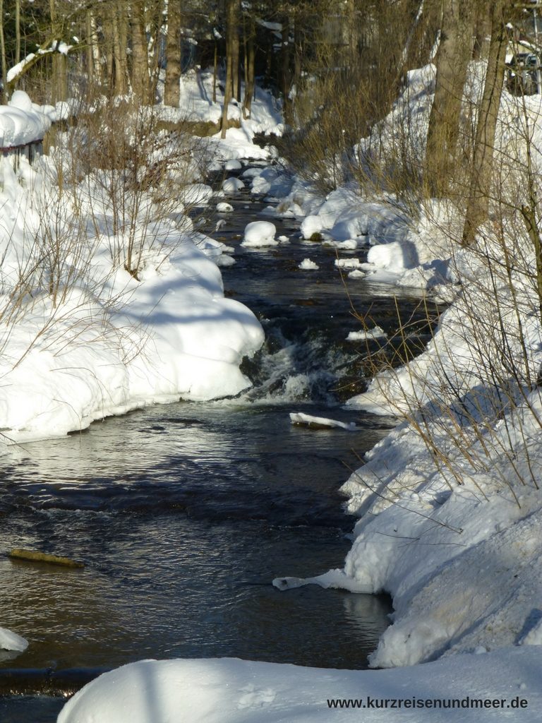 Das Bild zeigt einen zugeschneiten Bach in Braunlage im Harz.